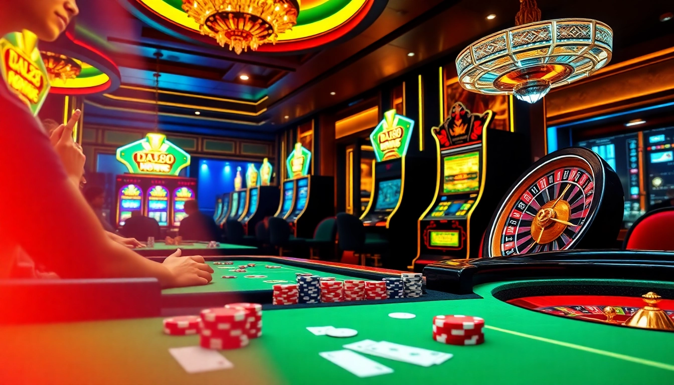 Players enjoying thrilling games at DA88 casino with poker tables and vibrant slot machines.