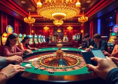 Players engaging with the casino's lively atmosphere, betting on lu88py1 roulette tables amidst vibrant slot machines.