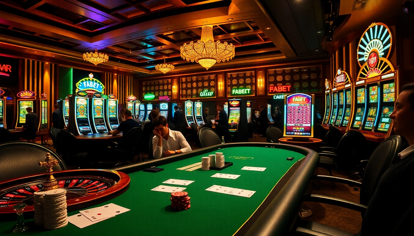 FABET players experiencing thrilling bets at an online casino with poker tables and roulette wheels.