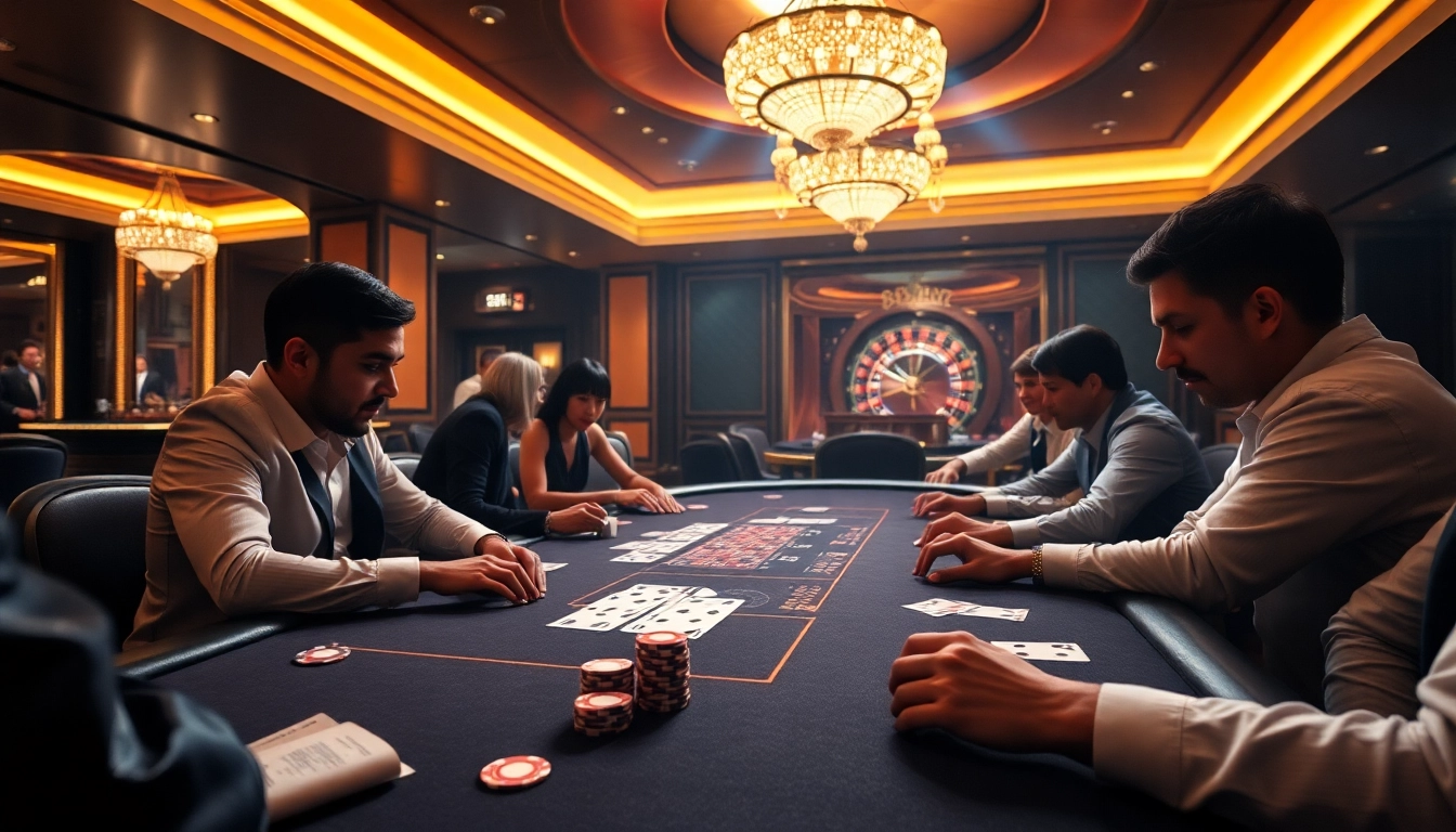 Players engage in thrilling poker games at 23win's luxurious casino.