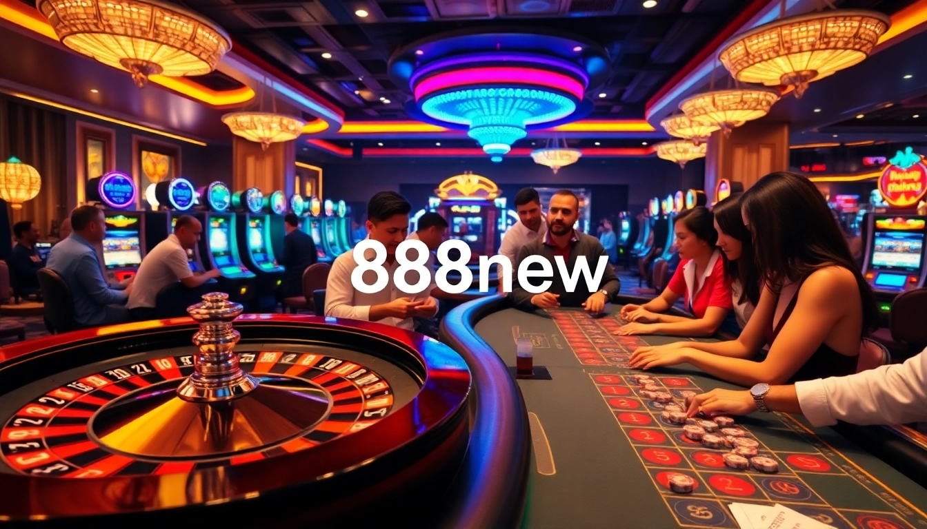Experience the thrill of gameplay at 888new's upscale casino with vibrant slot machines and active roulette.