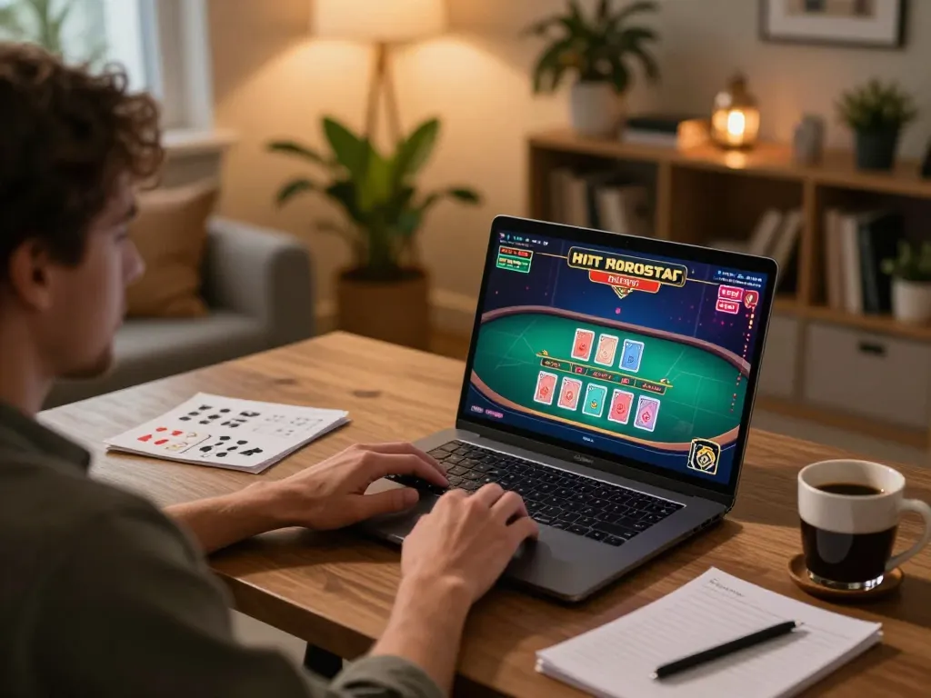 Player enjoying DA88 online blackjack game on a laptop, showcasing a strategic betting experience.