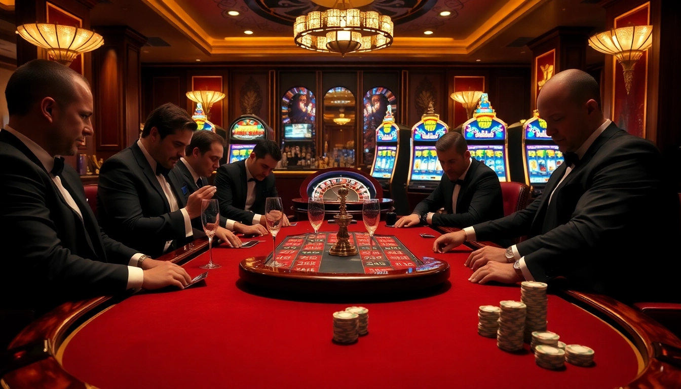Engaging scene at a man club casino featuring poker players and roulette excitement.