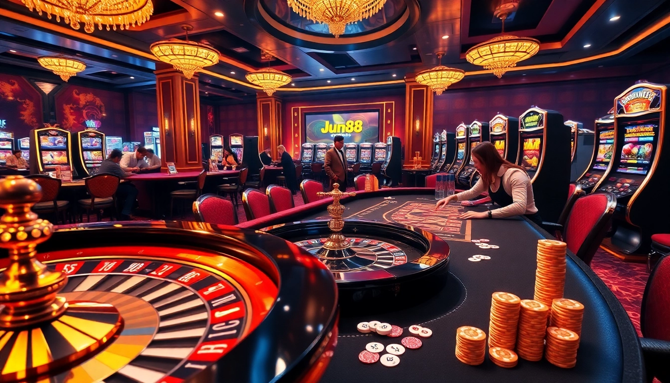 Experience the excitement of Nhà cái Jun88 with luxurious casino elements including vibrant roulette wheels and poker tables.