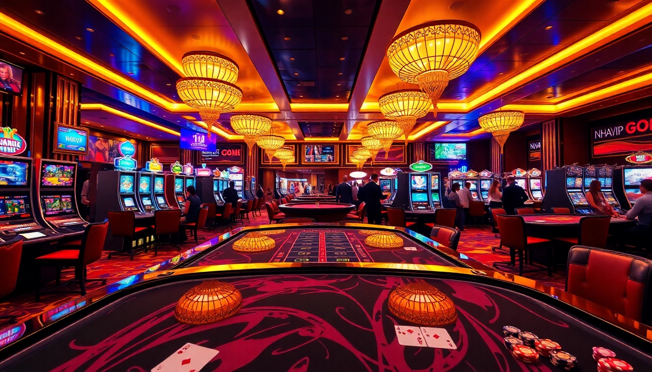 NhatVIP players enjoying a vibrant casino atmosphere with modern gaming tables and slot machines.