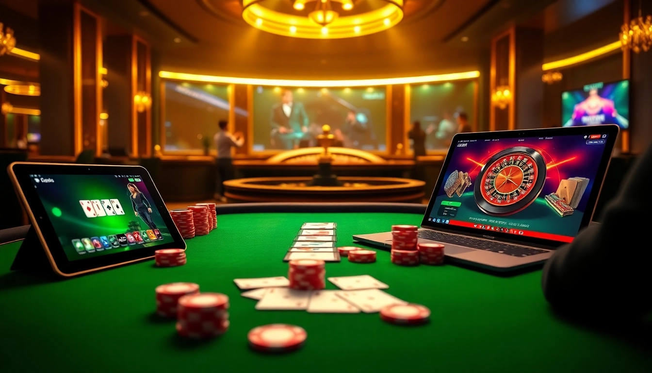 Engage in thrilling online gambling experiences at vn789.com with poker tables and digital devices.