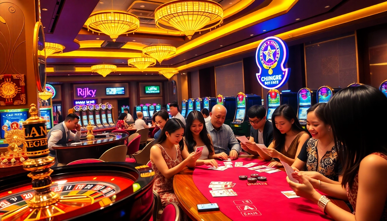 Kết quả xổ số excitement in a luxurious casino with roulette and poker tables.