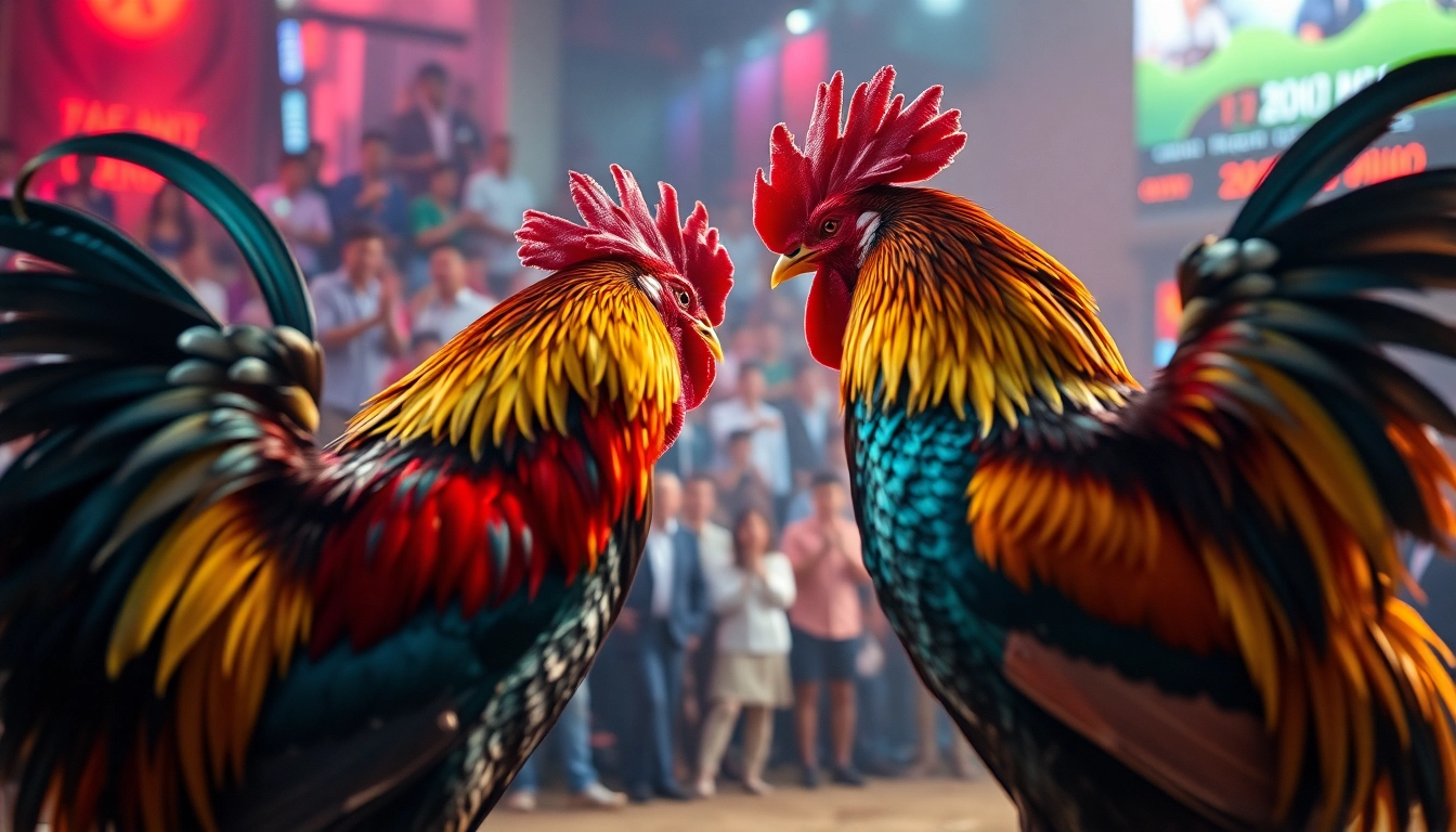 Experience the thrill of đá gà trực tiếp with vibrant scenes of live cockfighting and enthusiastic gambling atmosphere.