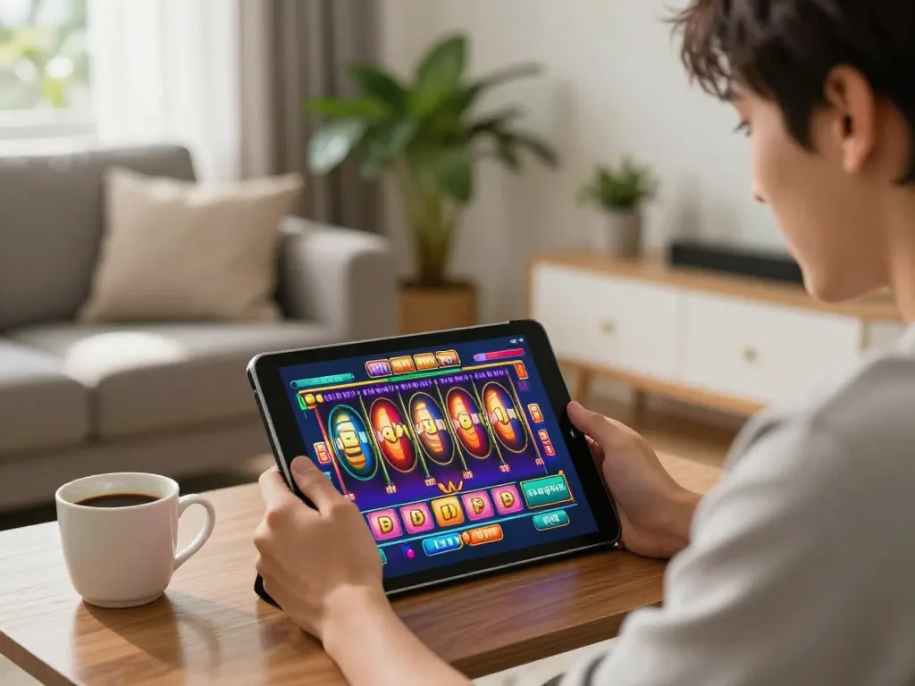 Engaged player enjoying online slots experience at home with cm88 on the tablet screen.