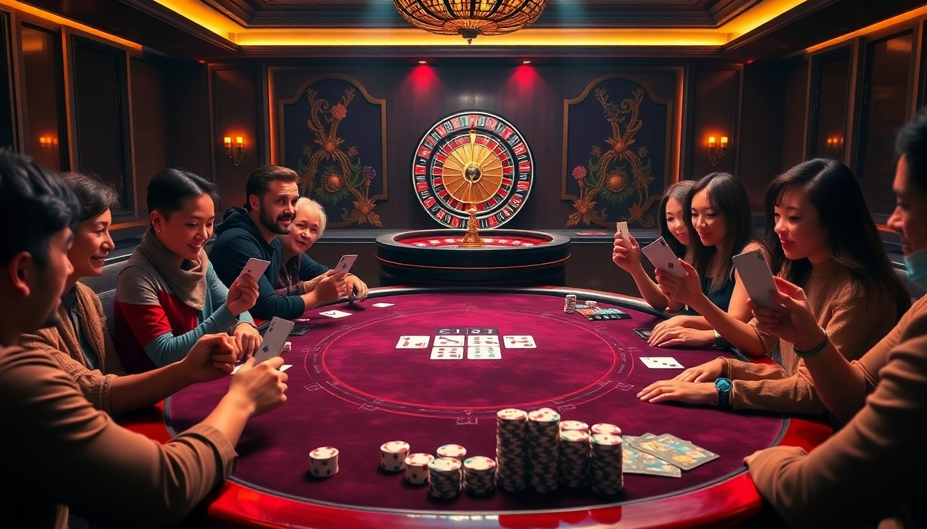 Engaging players at a poker table in a thrilling game bài environment filled with excitement and strategy.