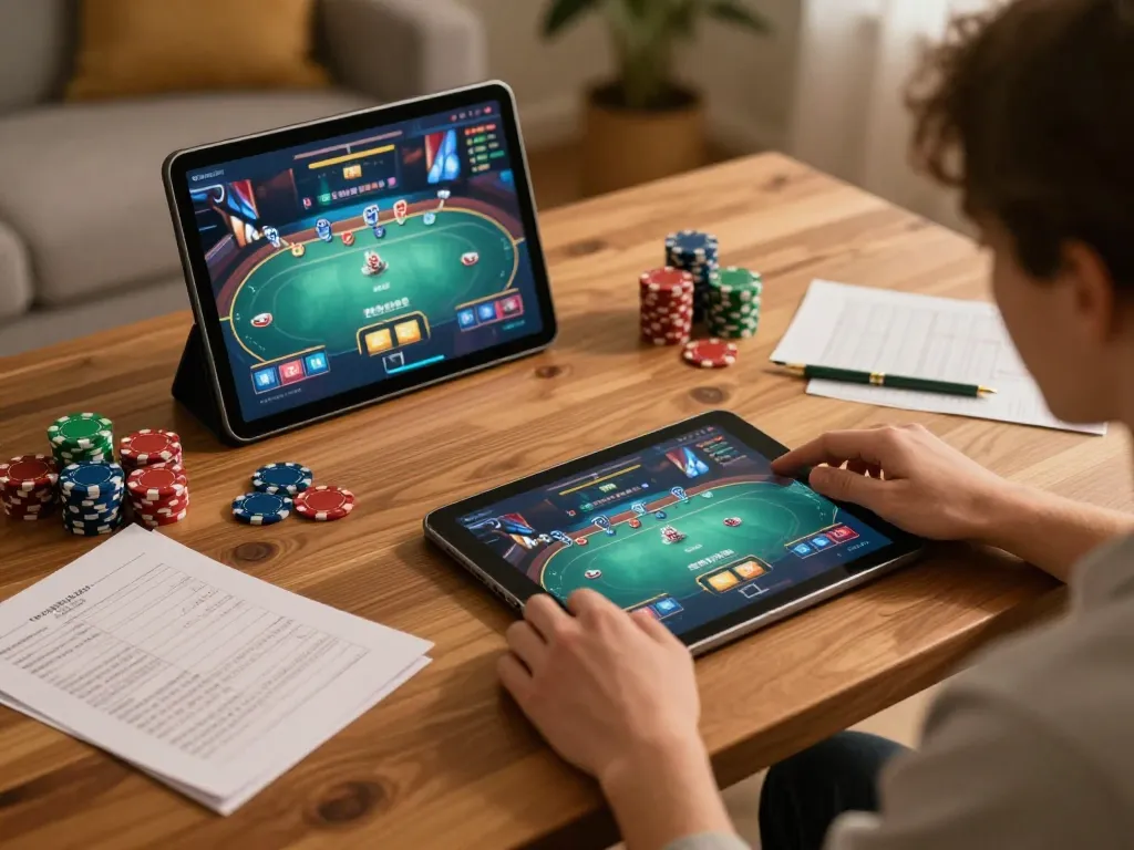 Engaged user enjoying 32win poker game on tablet with strategy notes around