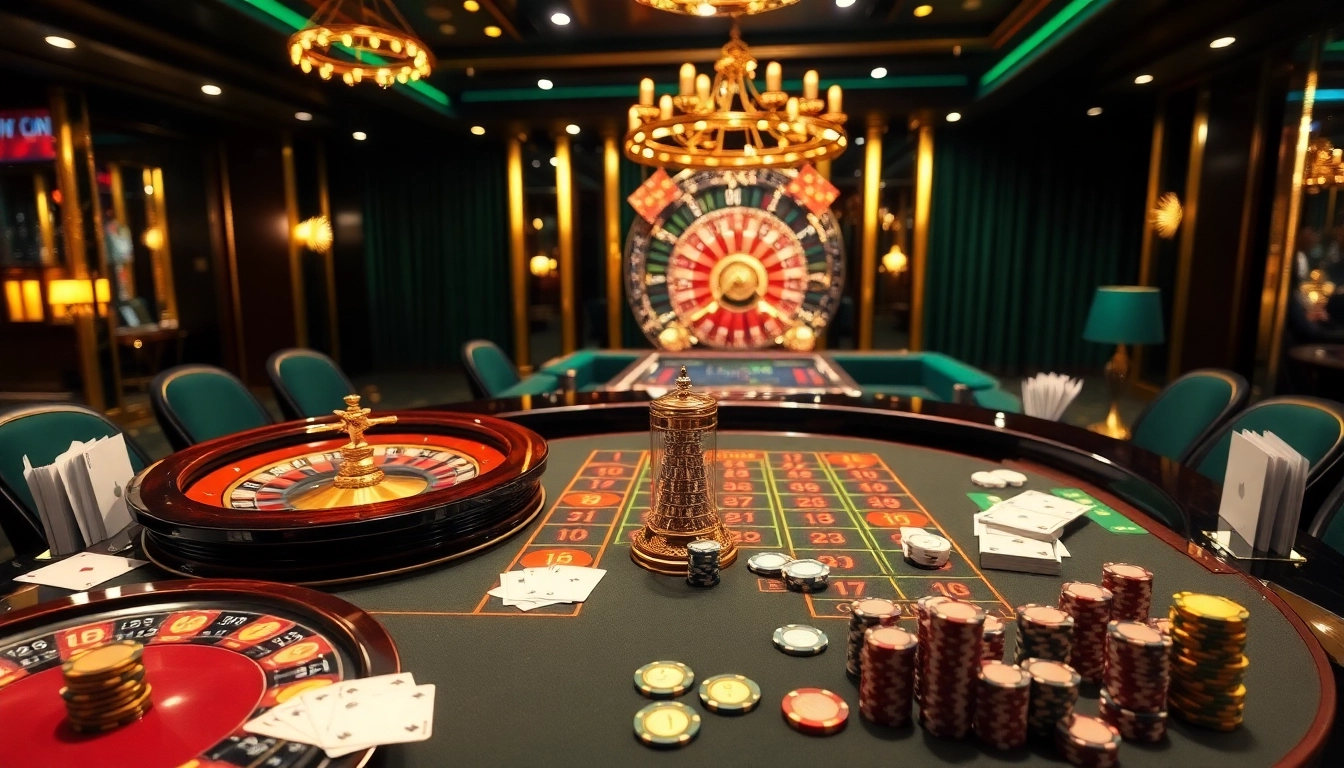 Experience the thrill of Xổ số hôm nay at a luxurious casino table with roulette wheels and poker chips.