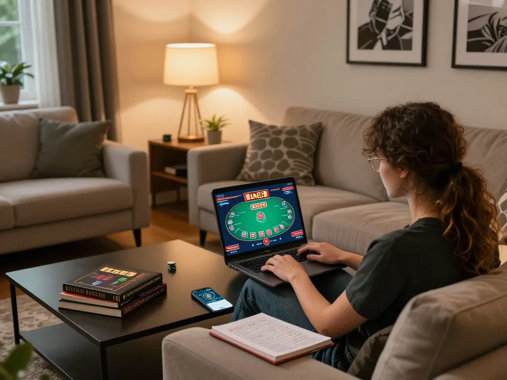 Player enjoying an online poker game on Jun88 laptop in a cozy home setting