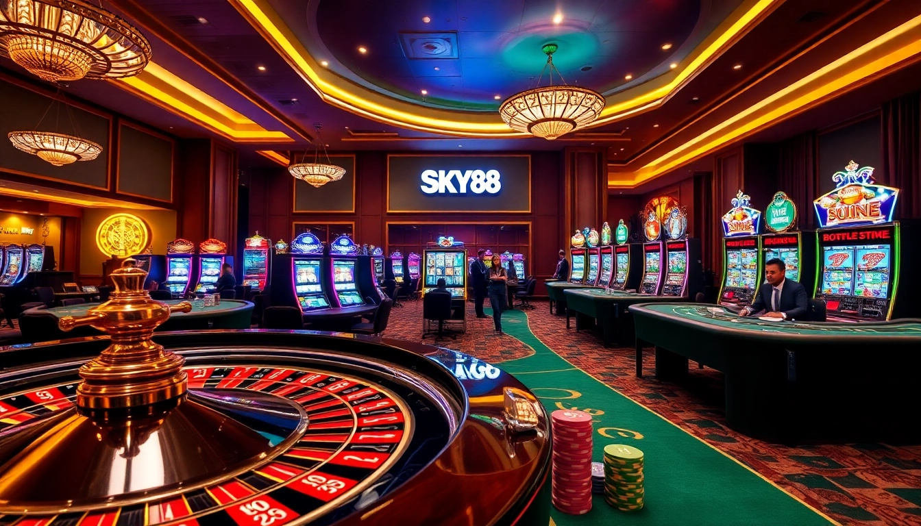 Experience thrilling gameplay at SKY88 Casino with vibrant slot machines and poker tables.