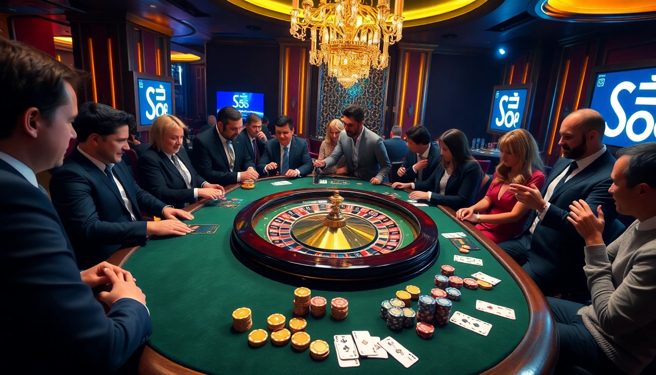 S8 gaming excitement with players at a luxurious roulette table in a vibrant casino.