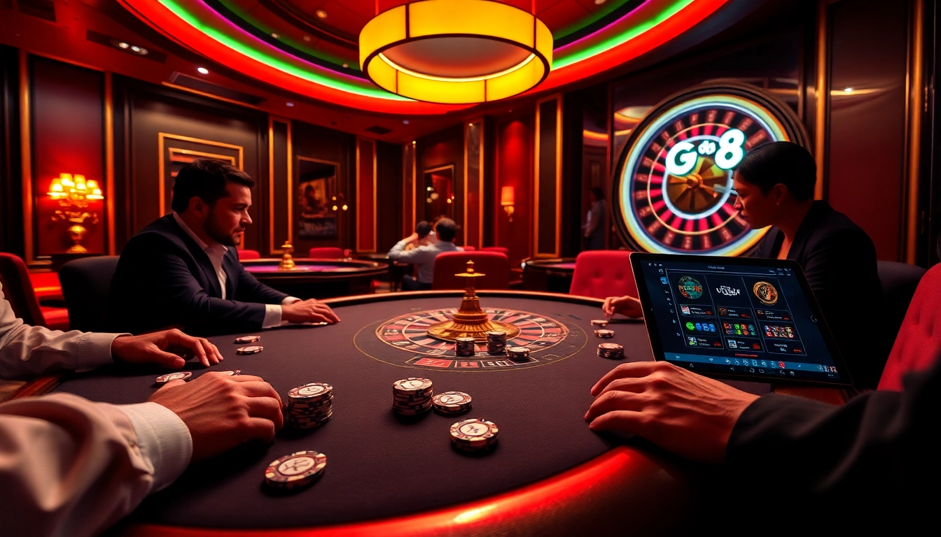Players enjoying high-stakes poker at a luxurious table in a Go8 casino, illuminated by colorful lights.