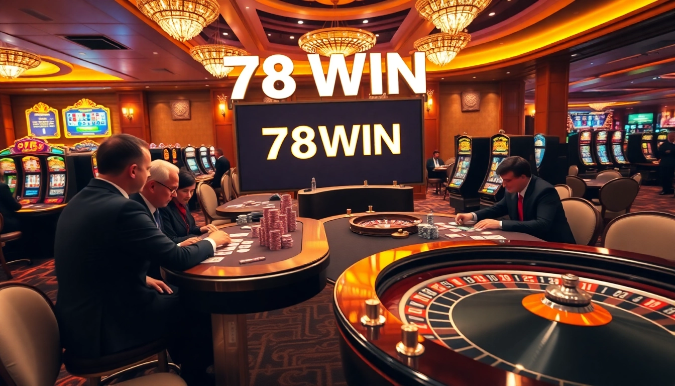 Experience the excitement of 78WIN with dynamic casino games and vibrant scenes.