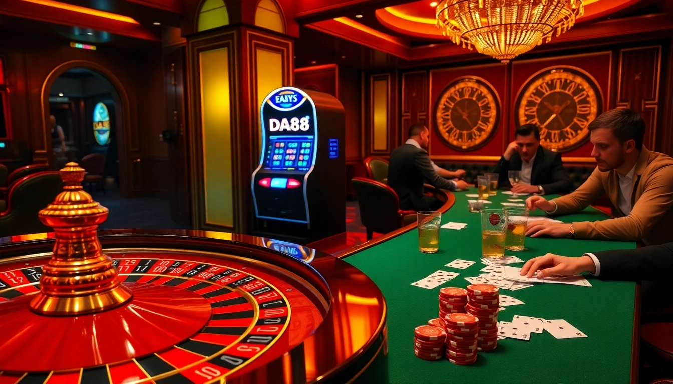 Experience the thrill of DA88 at a glamorous casino with poker tables and roulette.