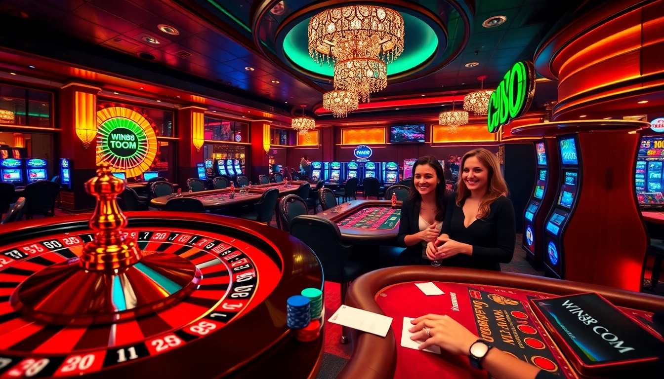 Engaged gamblers at a stunning casino with WIN88 COM slot machines and vibrant roulette wheels.