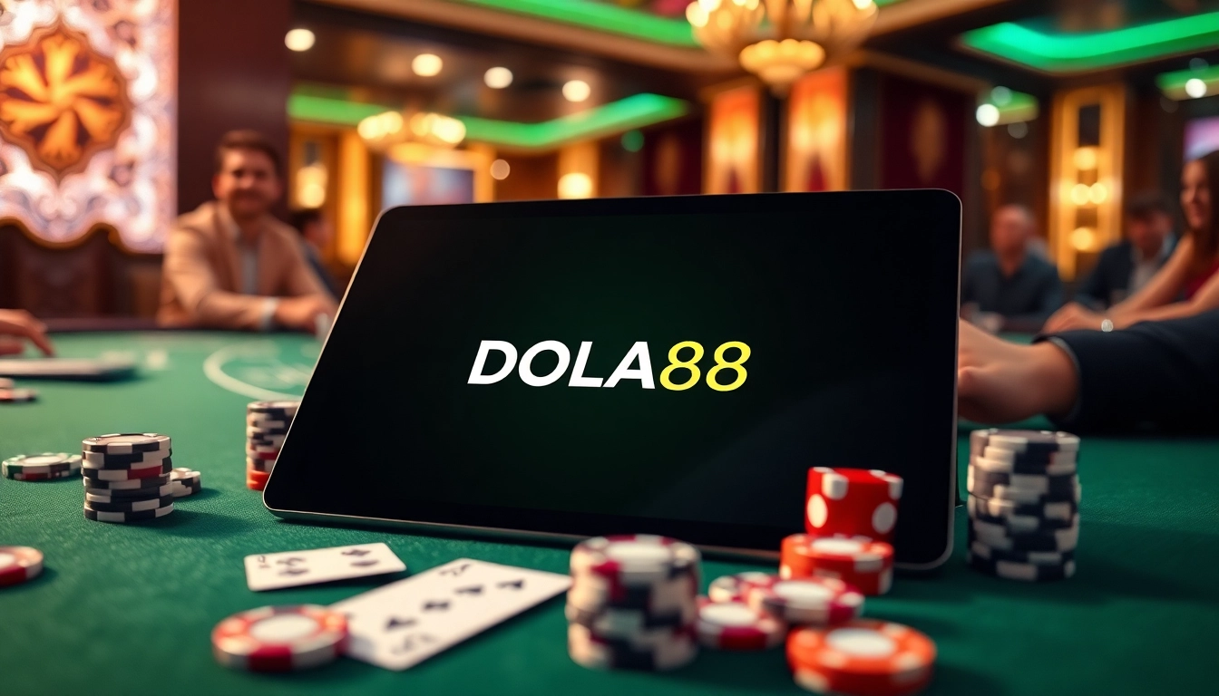 DOLA88 online casino tablet surrounded by poker chips and cards, inviting players to engage in exciting games.