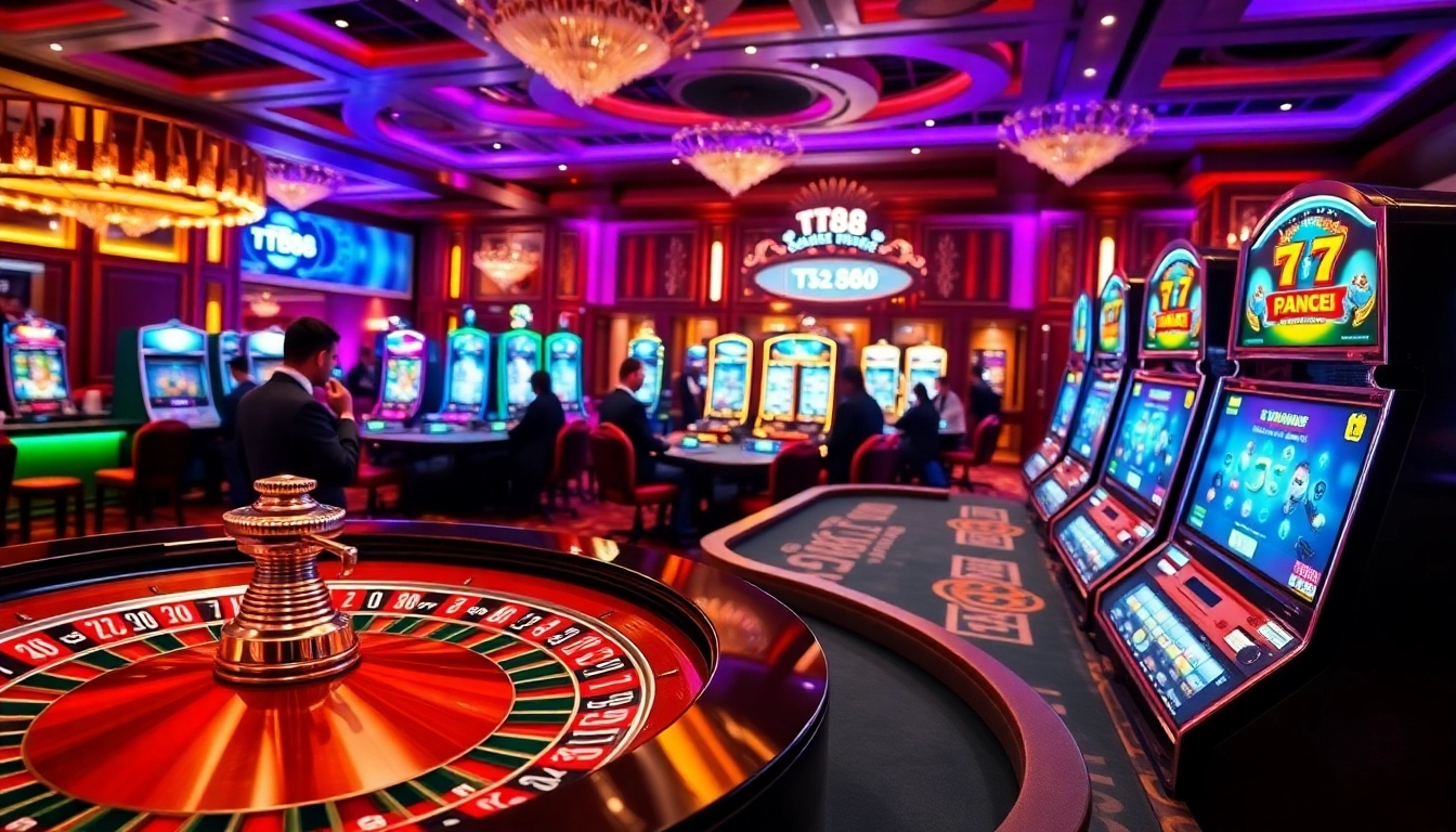 Experience the excitement at TT88 Casino with roulette, poker chips, and vibrant slot machines.