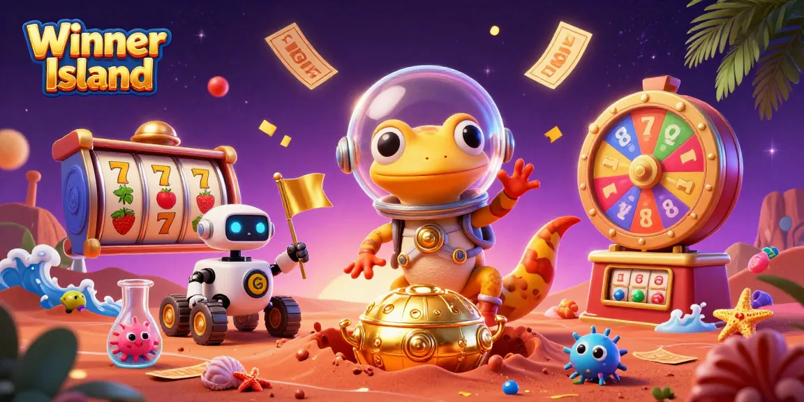 Experience the thrill of Winner Island Casino with a fantastical 3D illustration showcasing unique characters and delightful gaming elements.