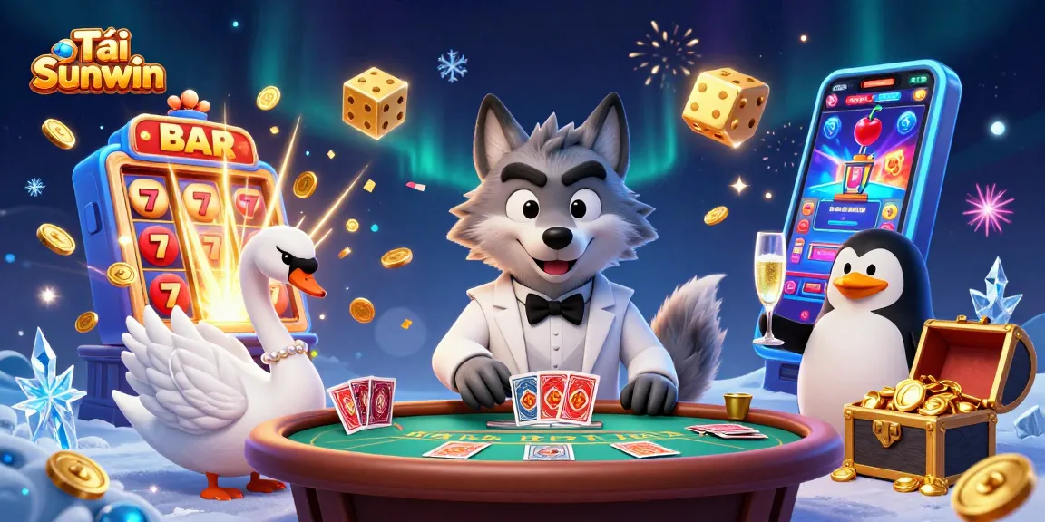 Play and win big with Tải Sunwin, featuring a vibrant casino scene with animated characters, cards, and jackpots flying around.