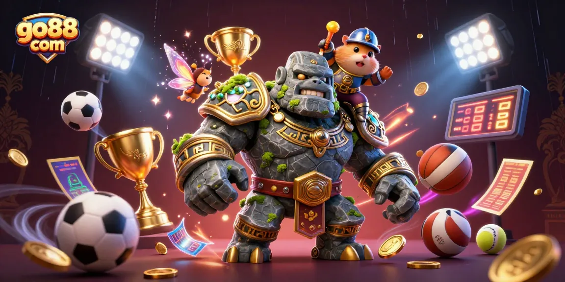 Engage with the thrilling universe of go88 com, where a stone golem guardian comes alive amid dynamic sports elements.