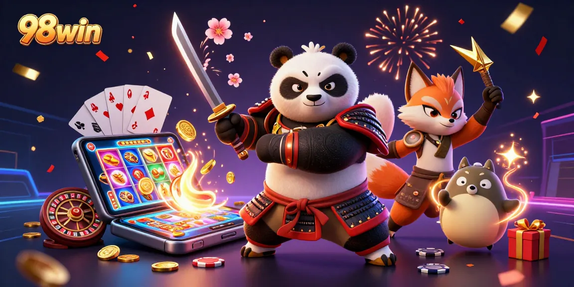 Join the thrilling action of 98win with a dynamic gaming scene featuring samurai panda and ninja fox.