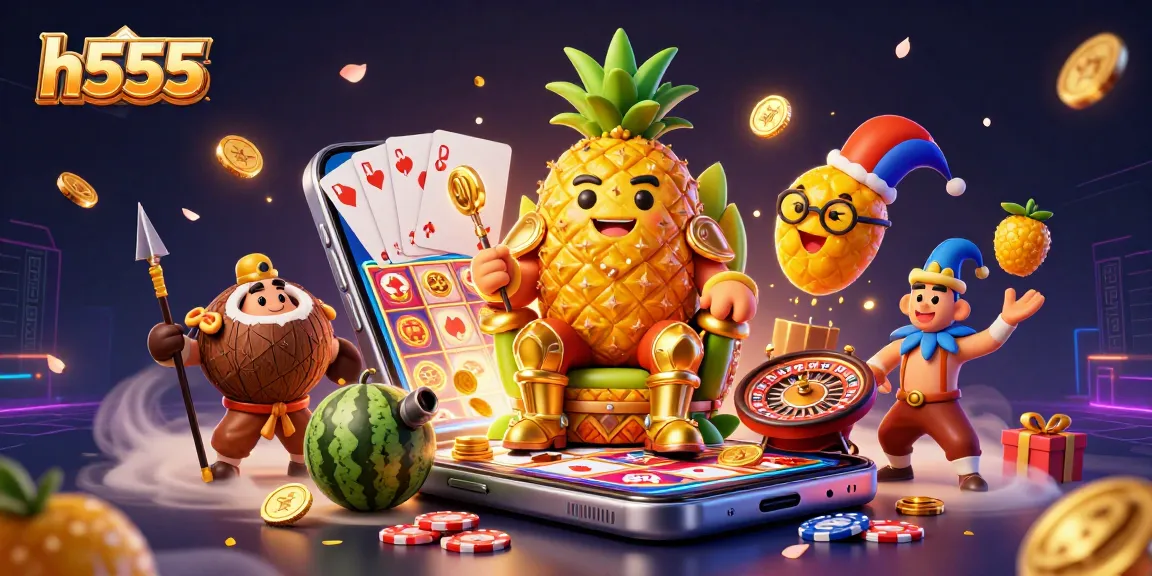 Engage in the thrill of h555 with vibrant casino elements featuring a golden pineapple king and dynamic gaming action.