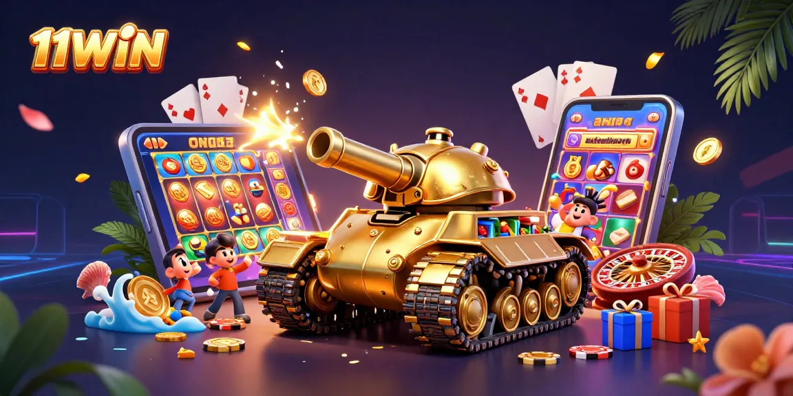 Experience thrilling excitement at 11WIN with a vibrant casino scene depicted in 3D.