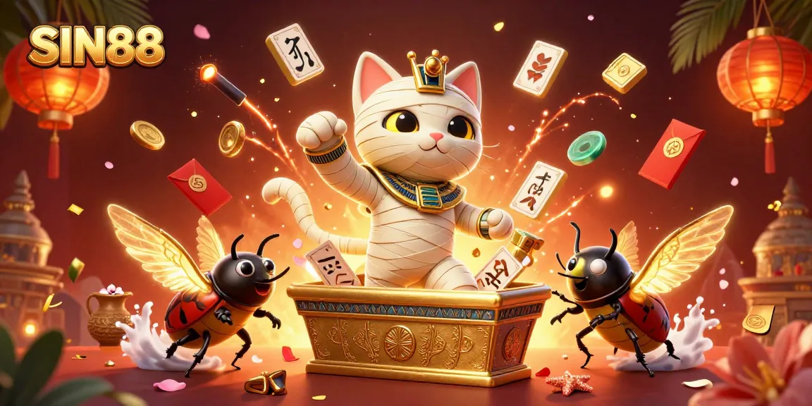 SIN88 online casino promotional illustration featuring a mummy cat, a scarab beetle and floating game elements