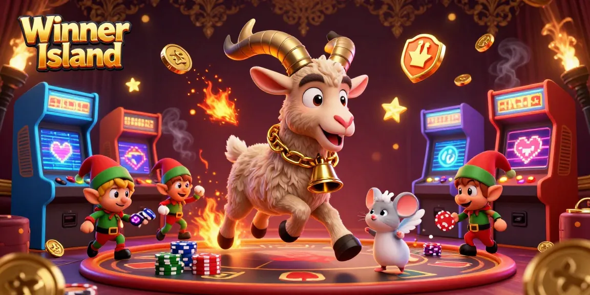 Experience excitement at Winner Island Casino with Krampus and lively characters in a golden-themed gaming scene.