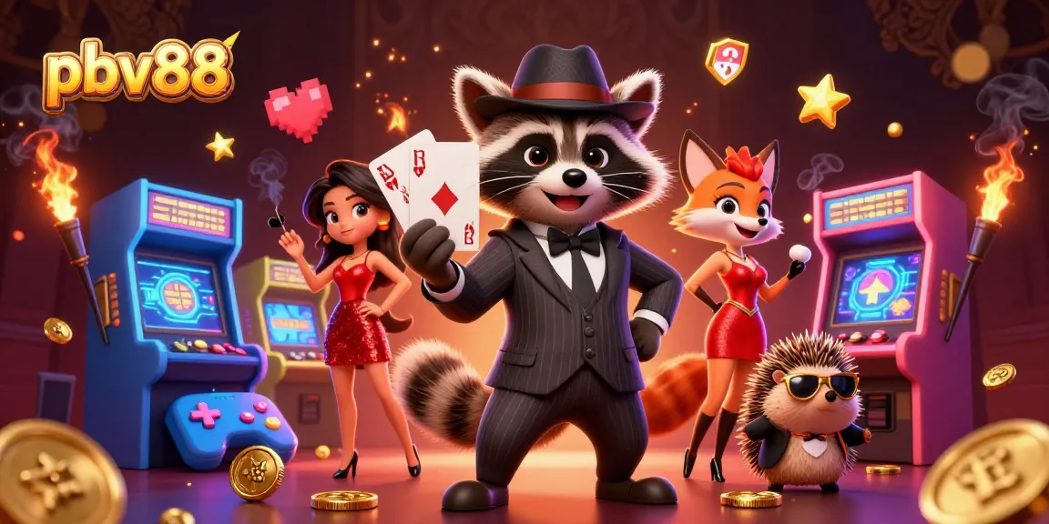 Experience thrilling action at pbv88 with a dynamic 3D illustration of a suave raccoon and friends at a casino.