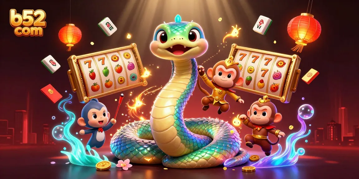 Engage with b52 com's vibrant casino world featuring a captivating rainbow serpent and monkey king.