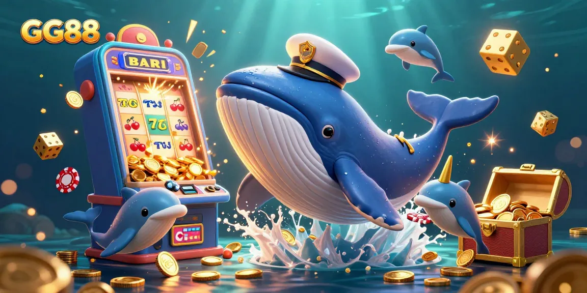 GG88 casino illustration featuring a whale, narwhal, and dolphins in an underwater scene with coins and slots.