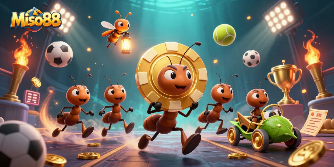 Bet on exhilarating games at Miso88 with a dynamic scene of ants carrying a golden poker chip.