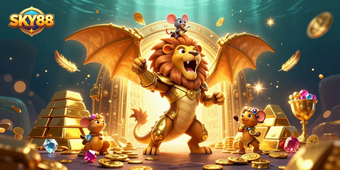 Engage with thrilling SKY88 gameplay featuring a roaring chimera and luxurious treasures.