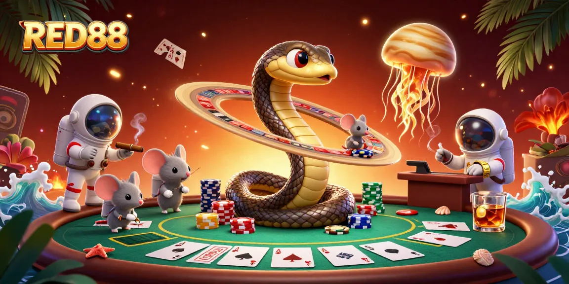 Experience exciting gameplay with RED88 as astronaut mice bet on a roulette ring in a stunning cosmic casino.