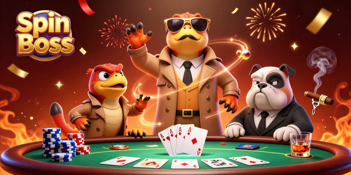 Spin Boss illustration with raptors in a trench coat at a casino, vibrant and dynamic scene.