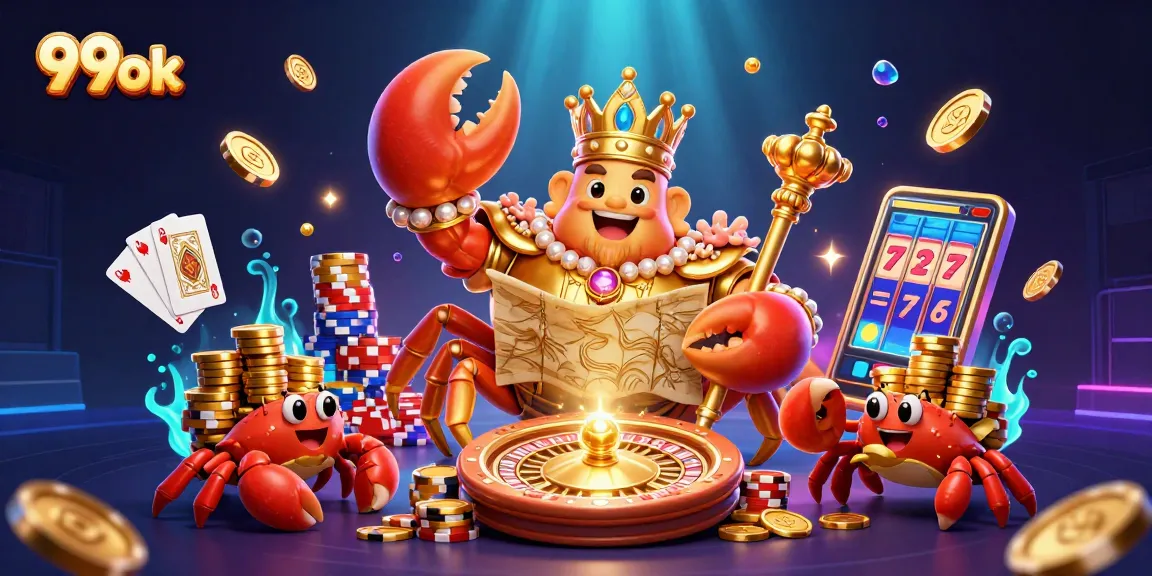 Experience the thrill of 99ok’s gaming with a lively golden crab and treasure elements in a grand casino scene.