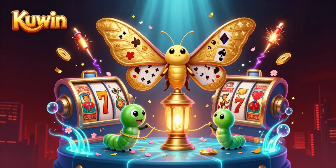 Kuwin showcases a vibrant 3D illustration with a golden moth, symbolizing the excitement of online casino gaming.