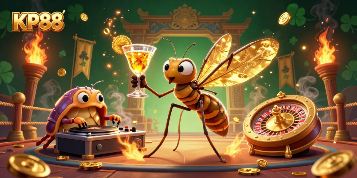 Experience excitement at KP88 with a lively casino scene featuring vibrant characters and elements.