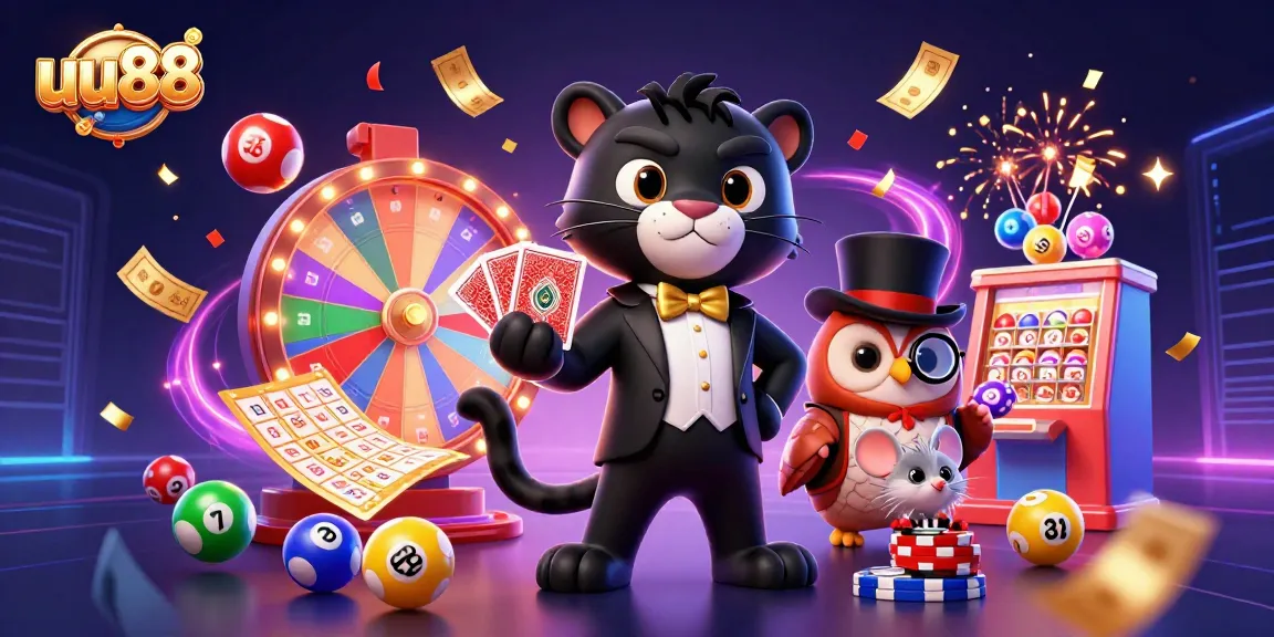 uu88's vibrant casino scene featuring a stylish panther, lucky mouse, and wise owl among dynamic gaming elements.
