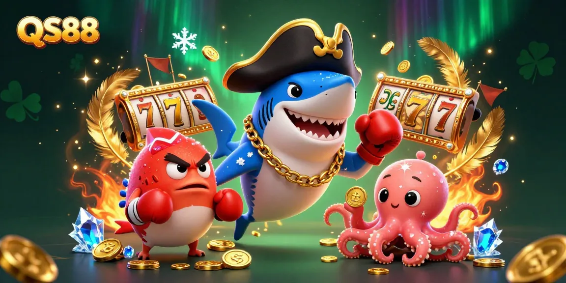 Experience thrilling wins with QS88 at this vibrant 3D casino illustration showing a pirate shark, pufferfish, and octopus celebrating jackpot!