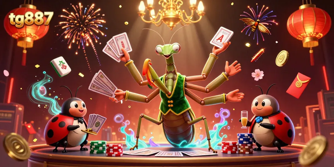 Experience thrilling gaming at tg887 with a dynamic illustration of card dealing, vibrant casino features, and festive elements.