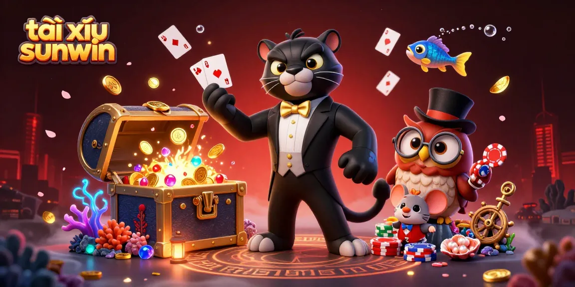 Engage in tài xỉu sunwin with a stylish panther dealer, an owl with poker chips, and a lucky mouse in a vibrant, rich casino-themed scene.