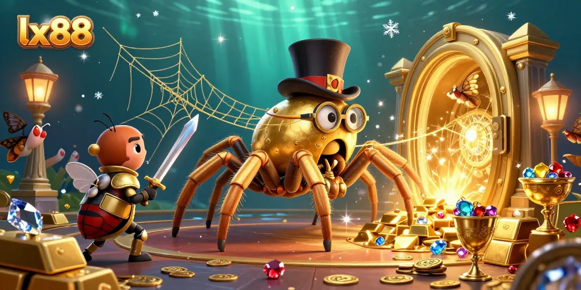 Experience the excitement of lx88 with a stunning illustration of a golden tarantula weaving webs in a casino setting filled with treasures.