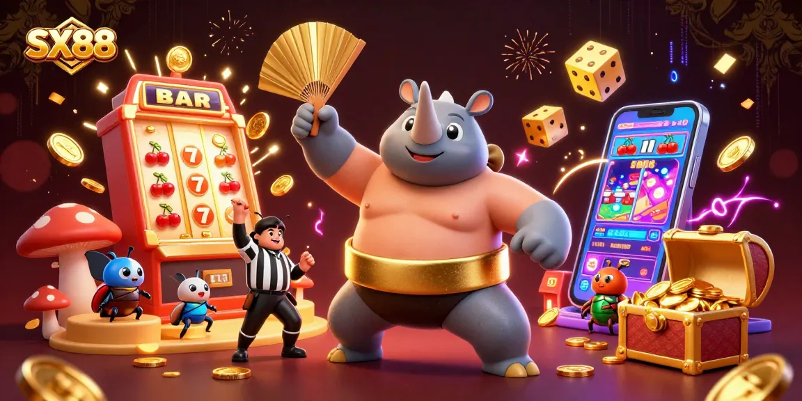 SX88 slots experience illustrated with a beetle champ kicking coins, bursting a slot machine, and a cheering crowd.