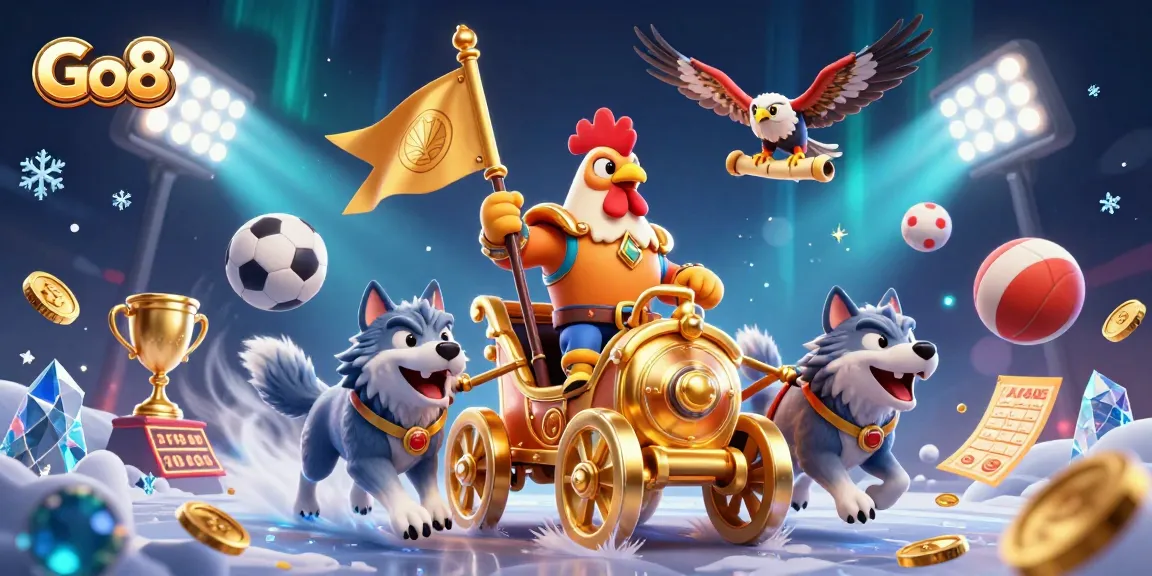 Experience thrill and excitement at Go8 with a dynamic scene of a rooster warlord and sports betting elements depicting a rich gambling atmosphere.